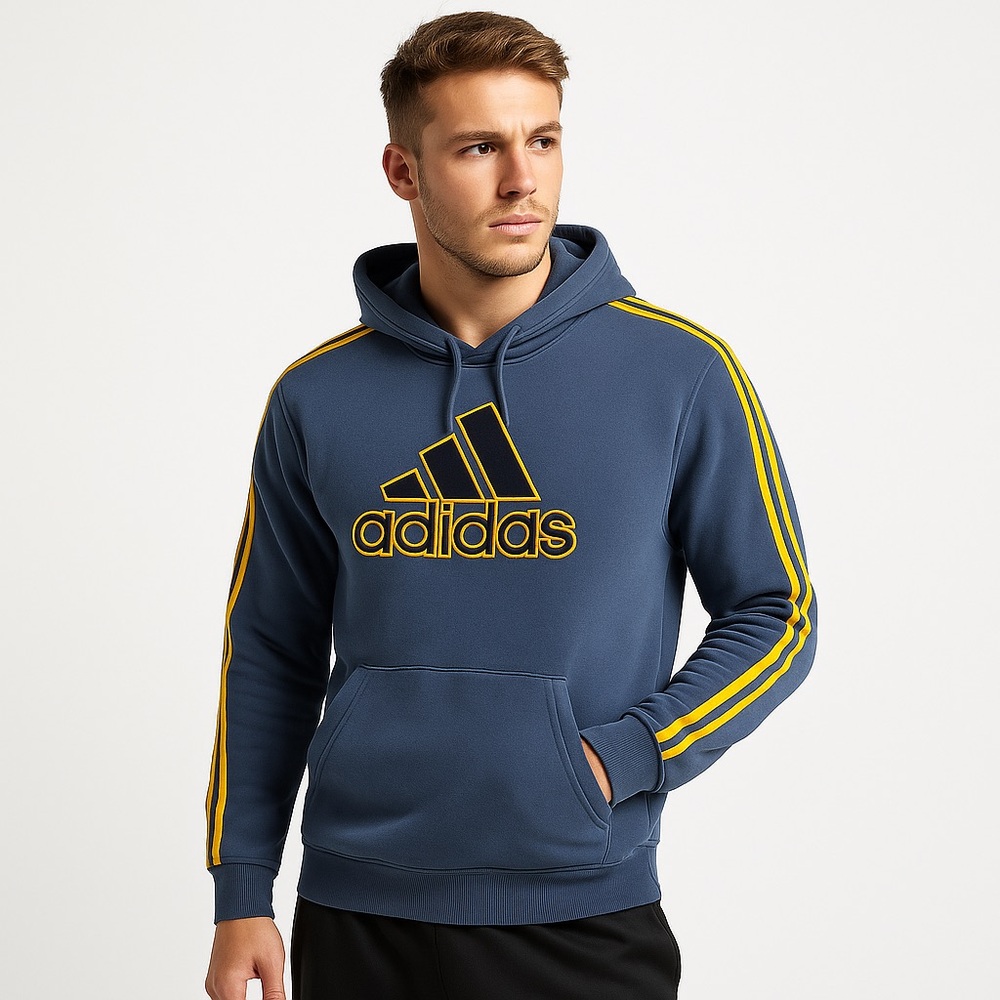 Adidas Navy Blue Hoodie with Yellow Stripes Men’s Size Large